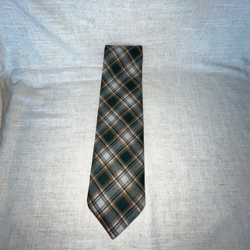 Custom Tailored Men's Necktie Plaid Green Brown Silk Blend VTG